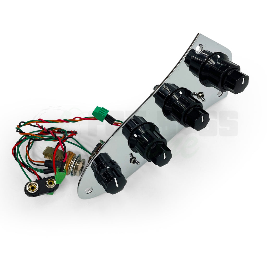 Front view of the John East J Retro Deluxe Preamp with Chrome Jazz Plate and Fender-Style Knobs, which shows the wires for the battery clip and jack.