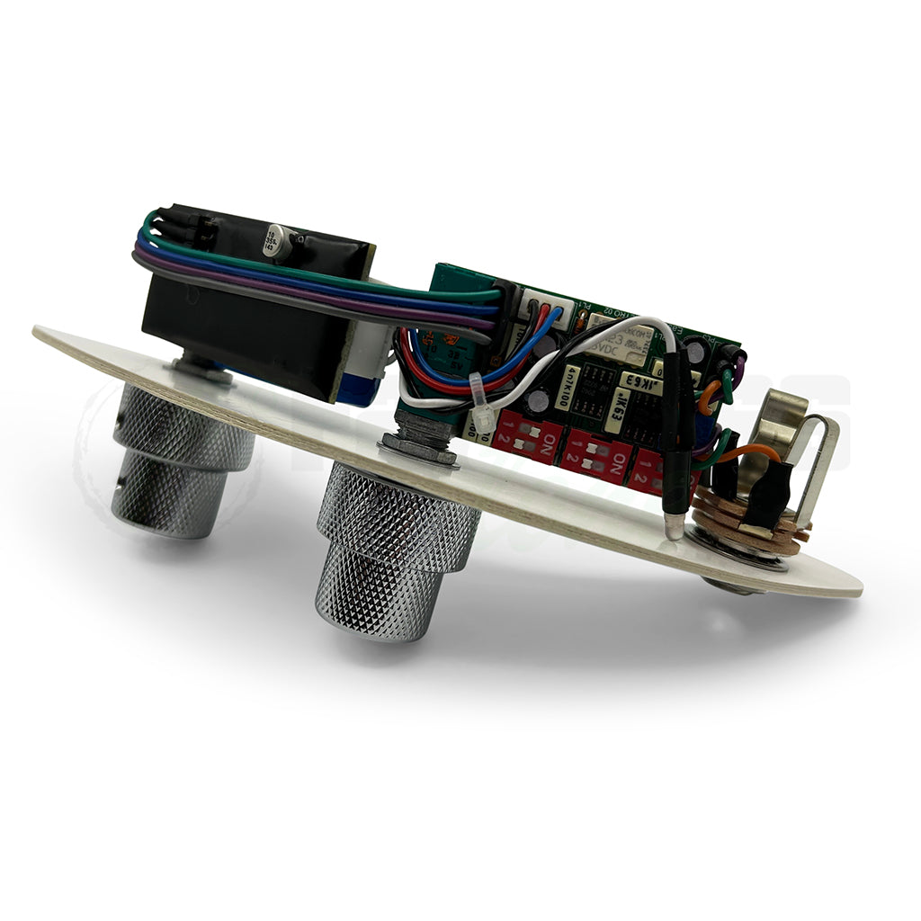back side view of the John East P Retro Bass Preamp for Precision Bass® showing electronics and dip switches