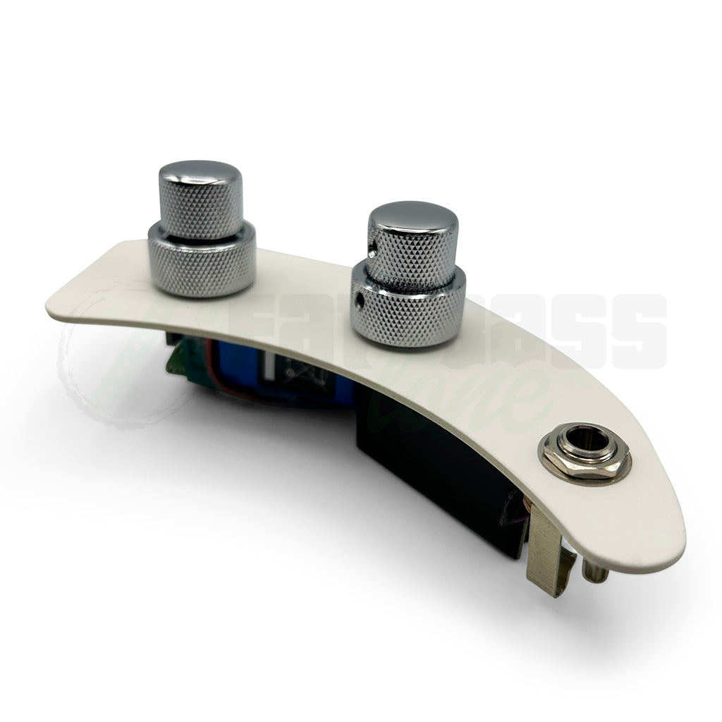 front angular view of the John East P Retro Bass Preamp for Precision Bass® mounted on a card showing 2 stacked knobs and a jack