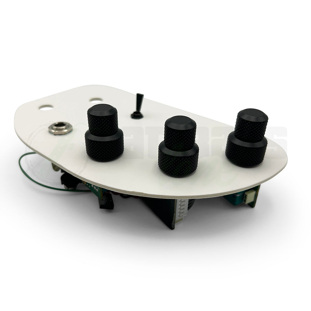 front view of the John East Uni-Pre 3 Band Bass Preamps showing the 3 stacked knobs, 1 switch and jack mounted on a temporary fiber plate