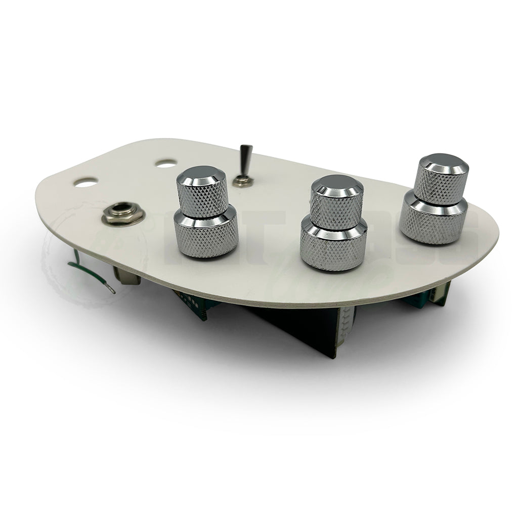 view of the John East Uni-Pre 3 Band Bass Preamps showing the 3 concentric chrome knobs, switch and jack mounted on a mounting plate for display purposes