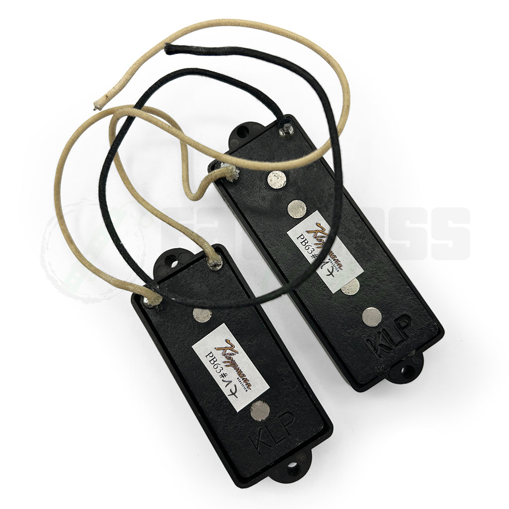 top back view of the Kloppmann PB63-5 5 String Precision Bass® Pickup for Fender® American Standard® showing wires, and model name