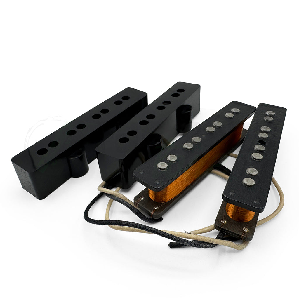 front angle view of the Kloppmann's Real 65 jazz bass pickup set showing the coils with the covers removed