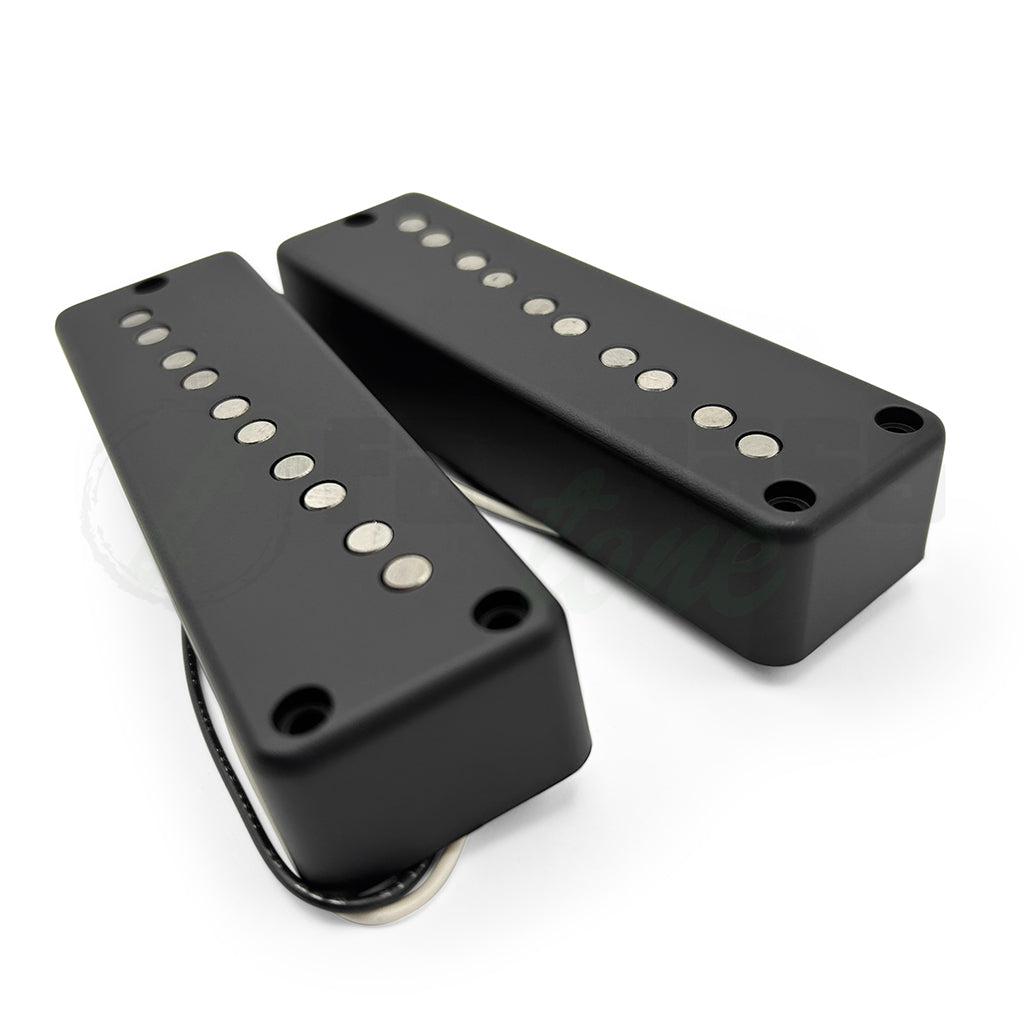 Front angular photo of the LeCompte Crooked J Bass Pickups showing the pole pieces that go diagonally across the pickup in a straight line