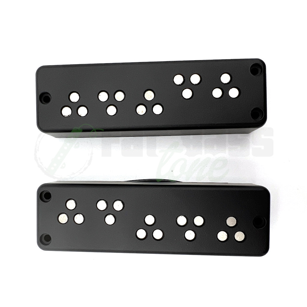 top view of the split coil P2 shape version of the LeCompte Triple Threat Bass Pickups for 5 string