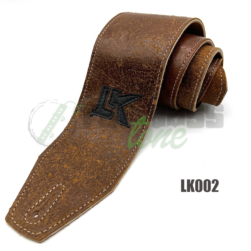 medium brown LK Straps Leather Bass Strap distressed with logo in black