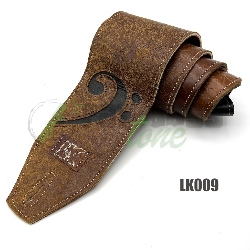 Medium brown LK Straps Leather Bass Strap with logo and bass clef