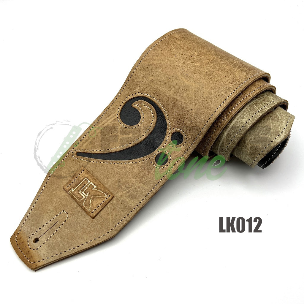 light brown LK Straps Leather Bass Strap with block logo and bass bass clef
