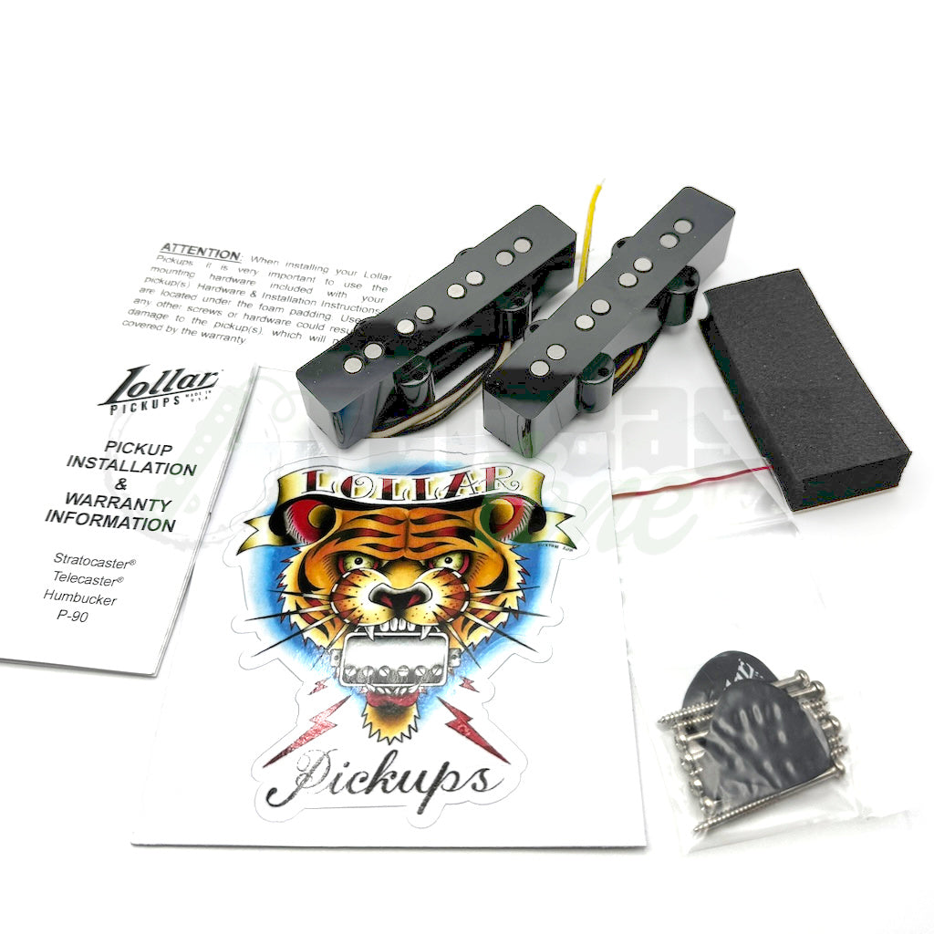 photo of the included items with the Lollar 4 String DC Jazz Bass® Pickups - stickers, instructions, foam, screws, picks, and pickups