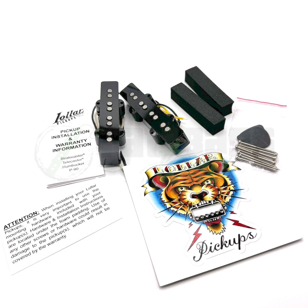 image of all of the included items in the Lollar 4 String Jazz Bass® Pickups package with foam, screws, pickups, instructions, stickers