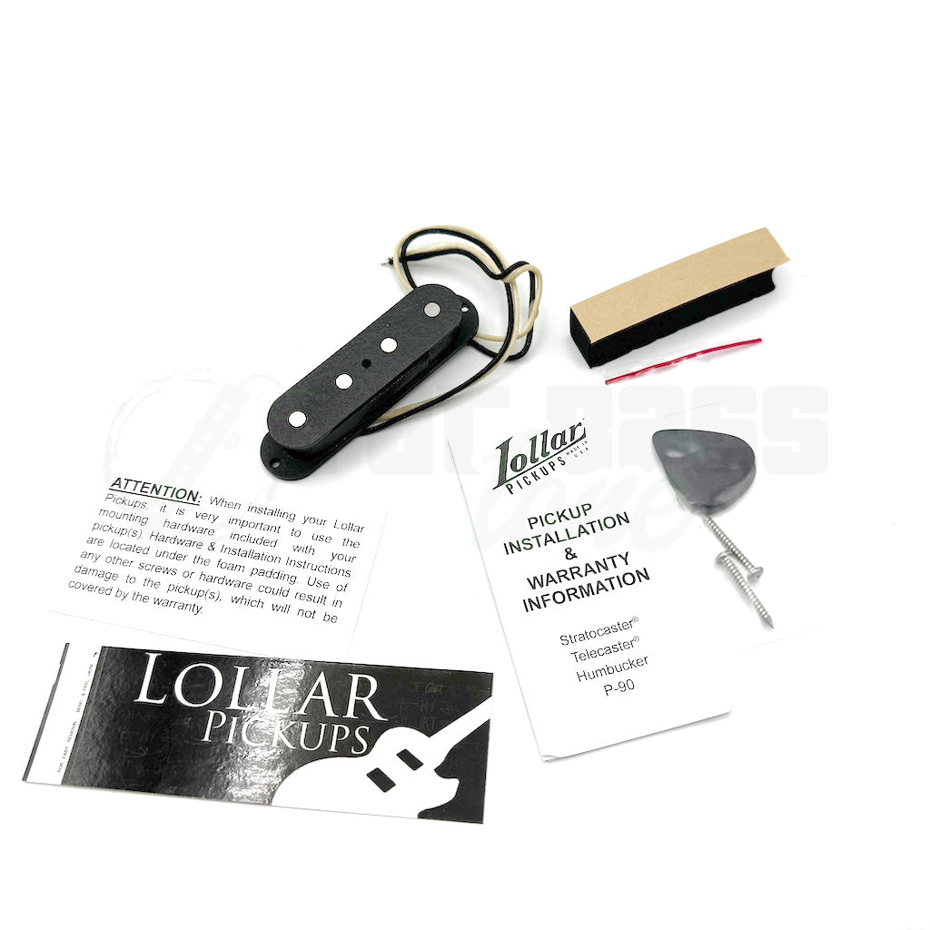 photo showing the included items with the Lollar 4 String Original (Tele-Style) Precision Bass® Single Coil Pickup, installation instructions, pickups, foam, pickup screws, sticker