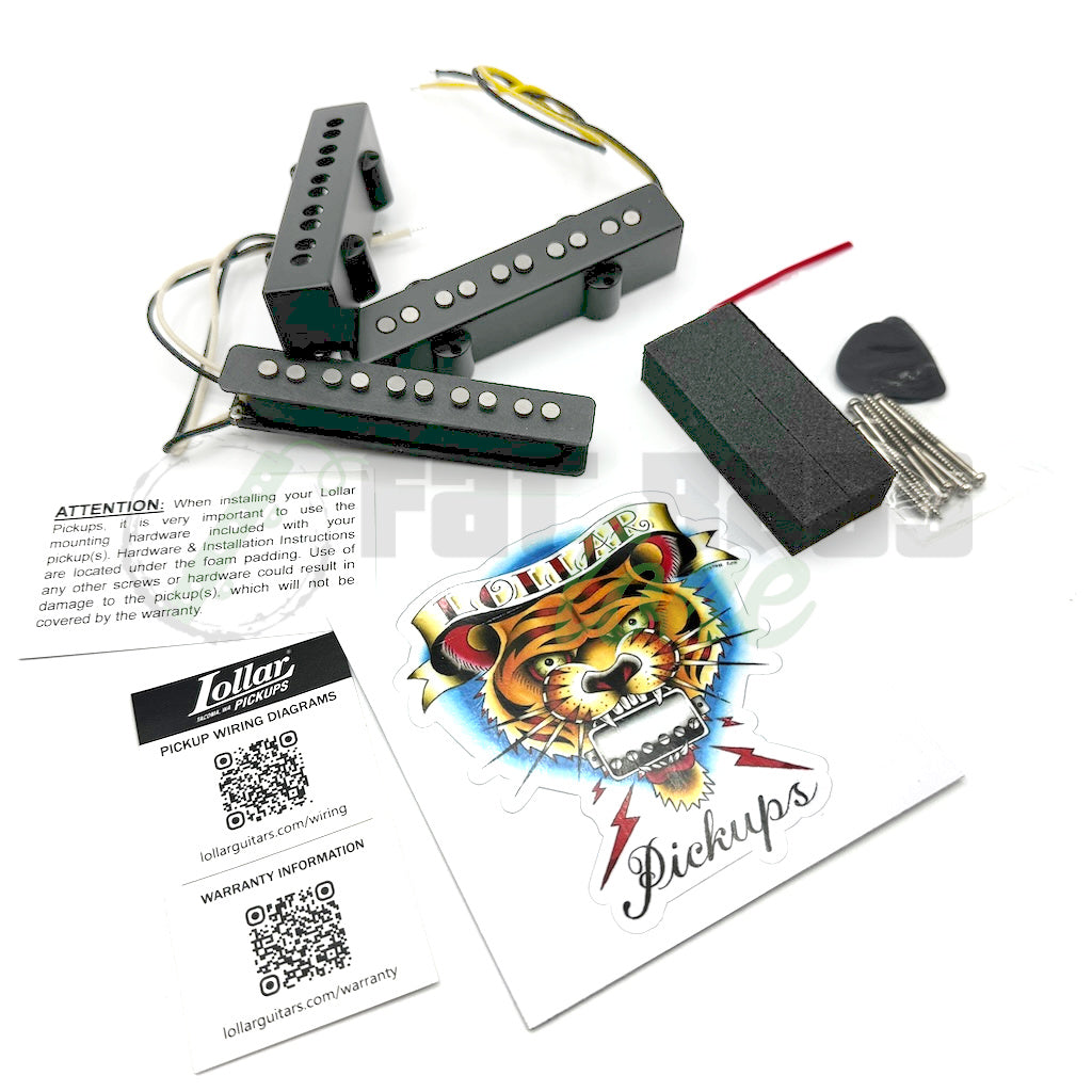 photo of all of the included items with the Lollar 5 String Jazz Bass® Pickups - sticker, installation QR codes, pickup foam, screws, pick, and the pickups themselves