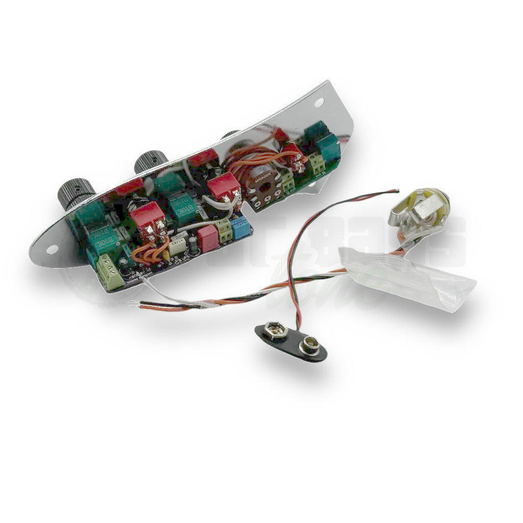 additional view of the Lusithand 800JP Jazzplate 4 Band Preamp for Jazz Bass Deluxe® electronics, with battery clip, jack, wires, and screw bag