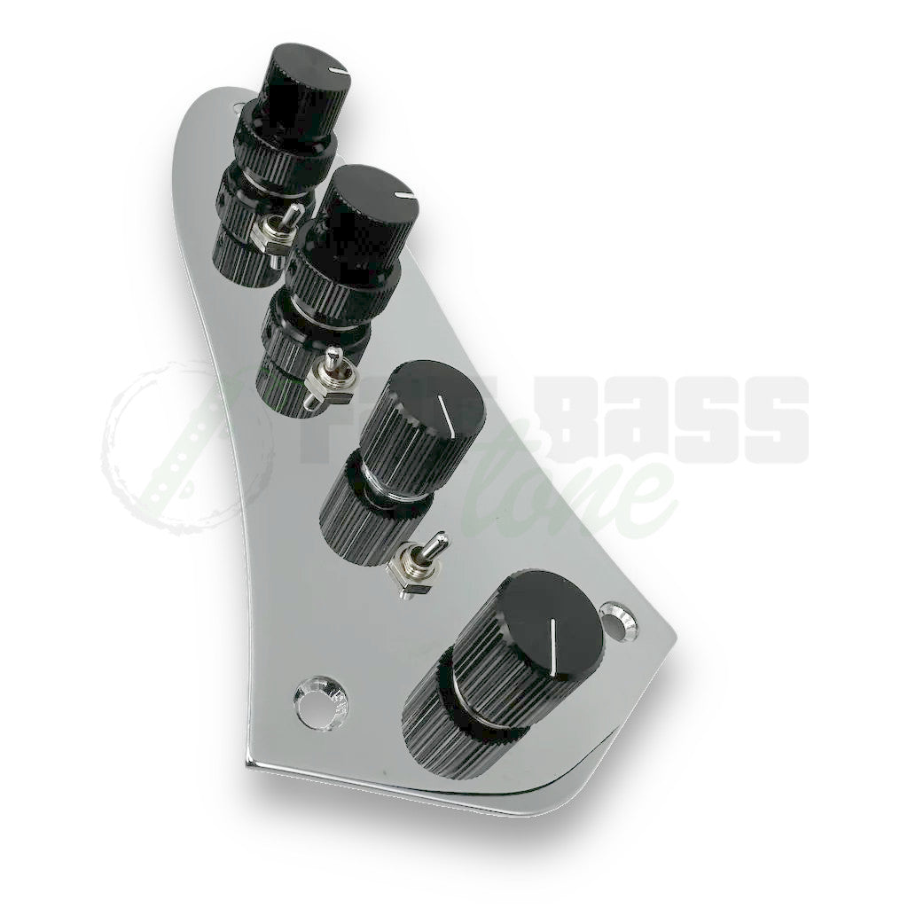 additional front view of the Lusithand 800JP Jazzplate 4 Band Preamp for Jazz Bass Deluxe® showing the screw holes for mounting as well as the switches