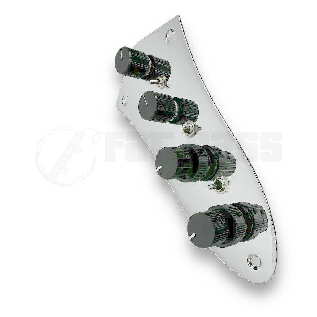 front view of the Lusithand 800JP Jazzplate 4 Band Preamp for Jazz Bass Deluxe® showing the black knobs with indicators