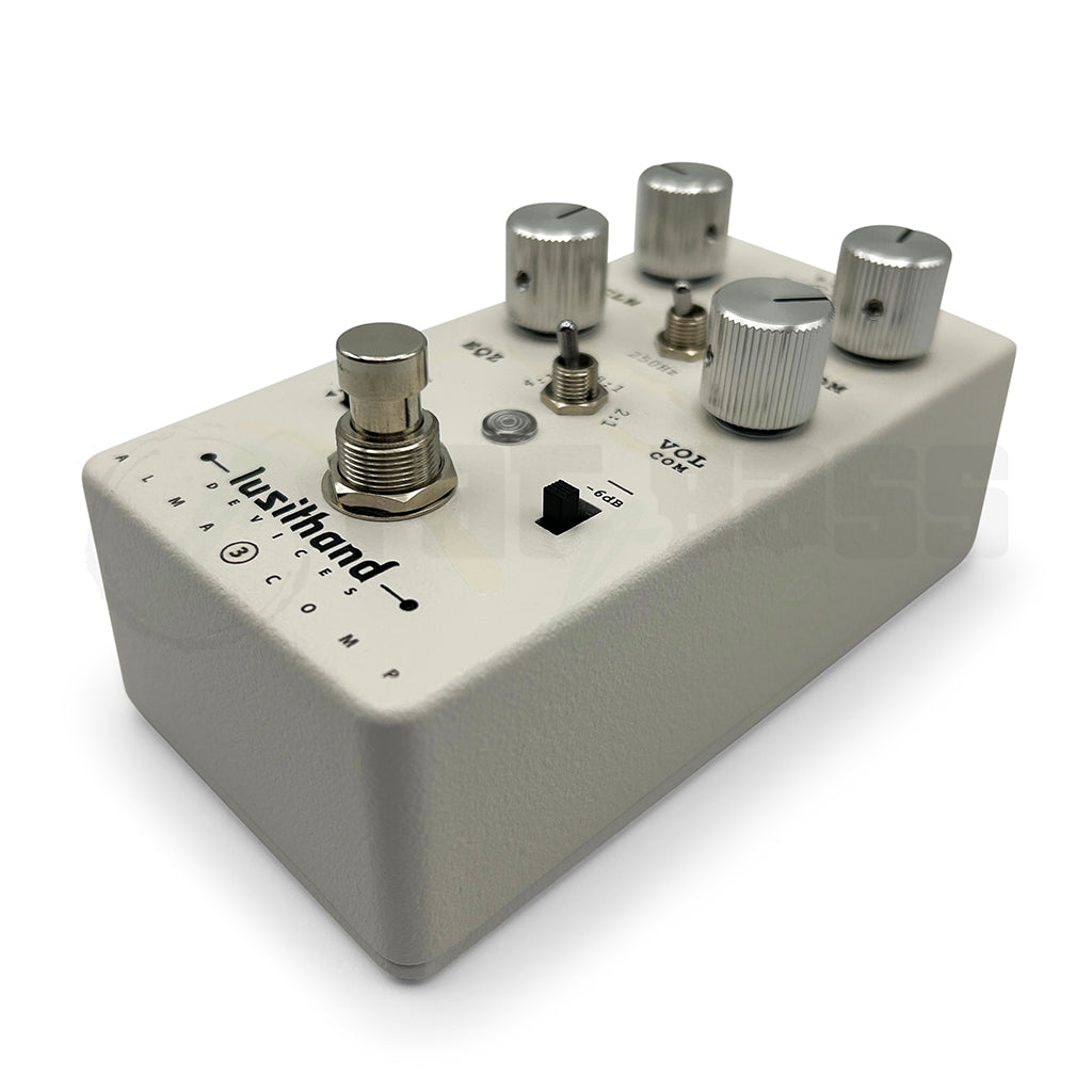 right side angular front photo of the Lusithand Alma MK3 Bass Compressor Pedal showing the logo and circled 3 denoting the 3rd version of the unit