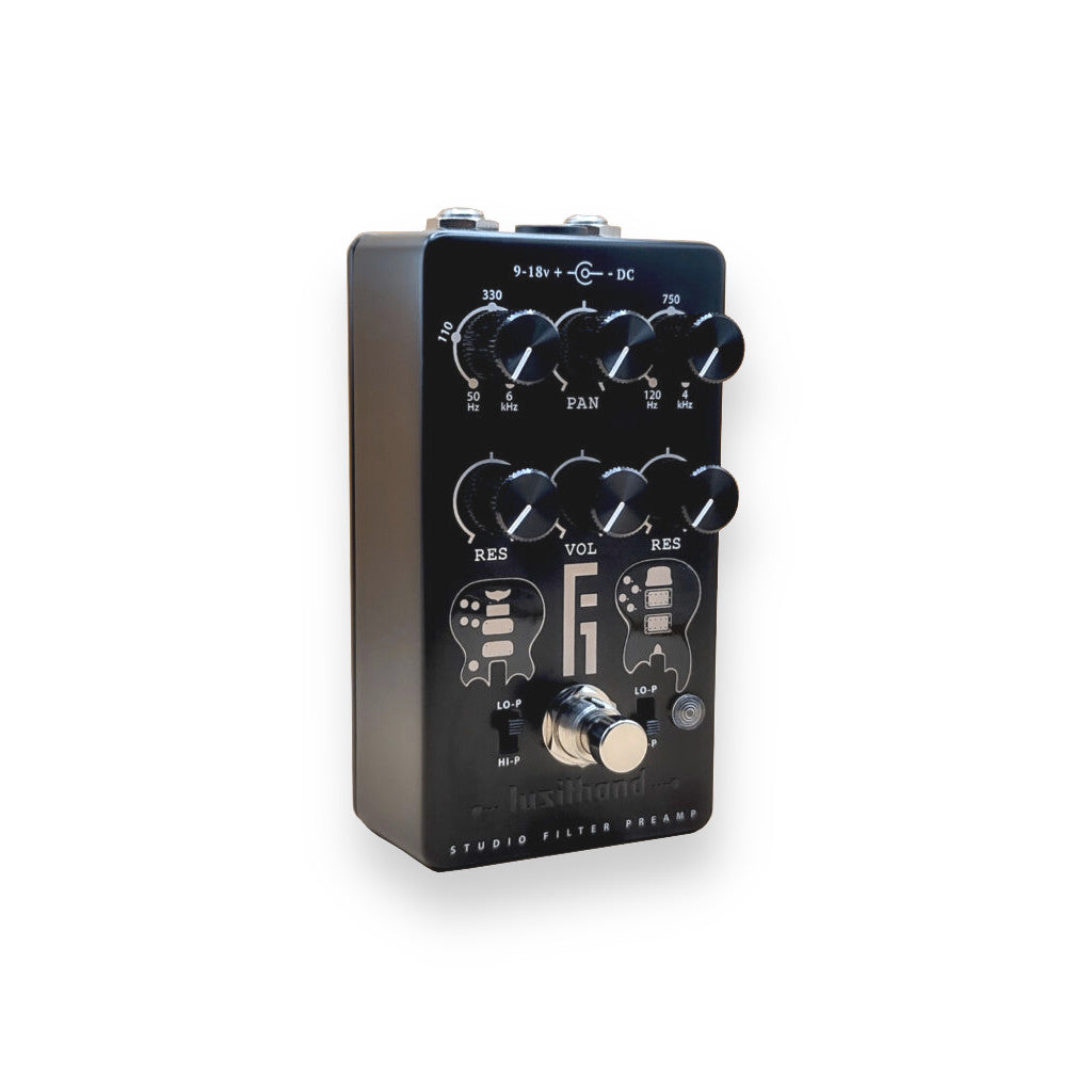 left angle photo of the Lusithand F1 Studio Filter Preamp Pedal showing all knobs and switch