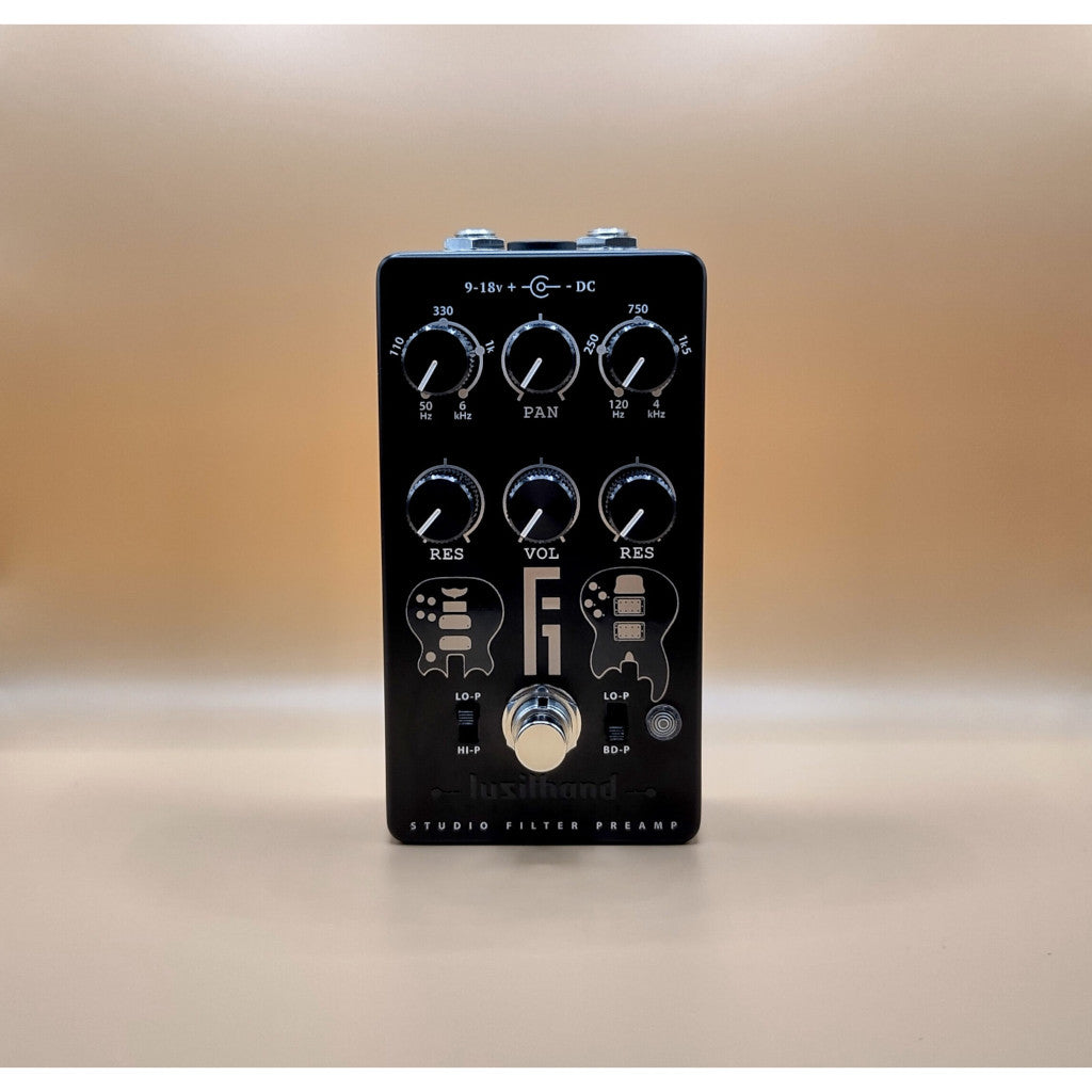 face on image of the Lusithand F1 Studio Filter Preamp Pedal showing the control layout with 2 rows of 3 potentiometers