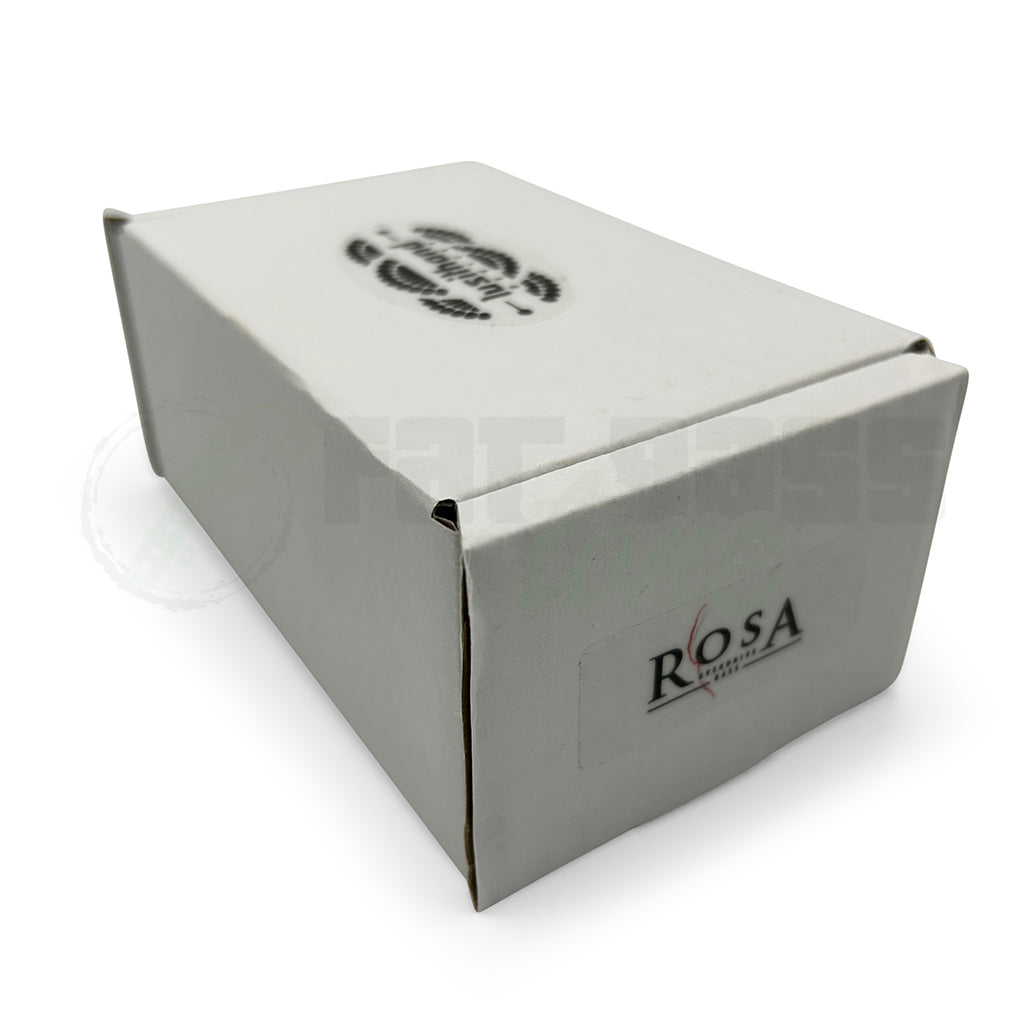 Photo of the box for the Lusithand ROSA Overdrive Bass Pedal showing the name Rosa on a sticker on the side of the box
