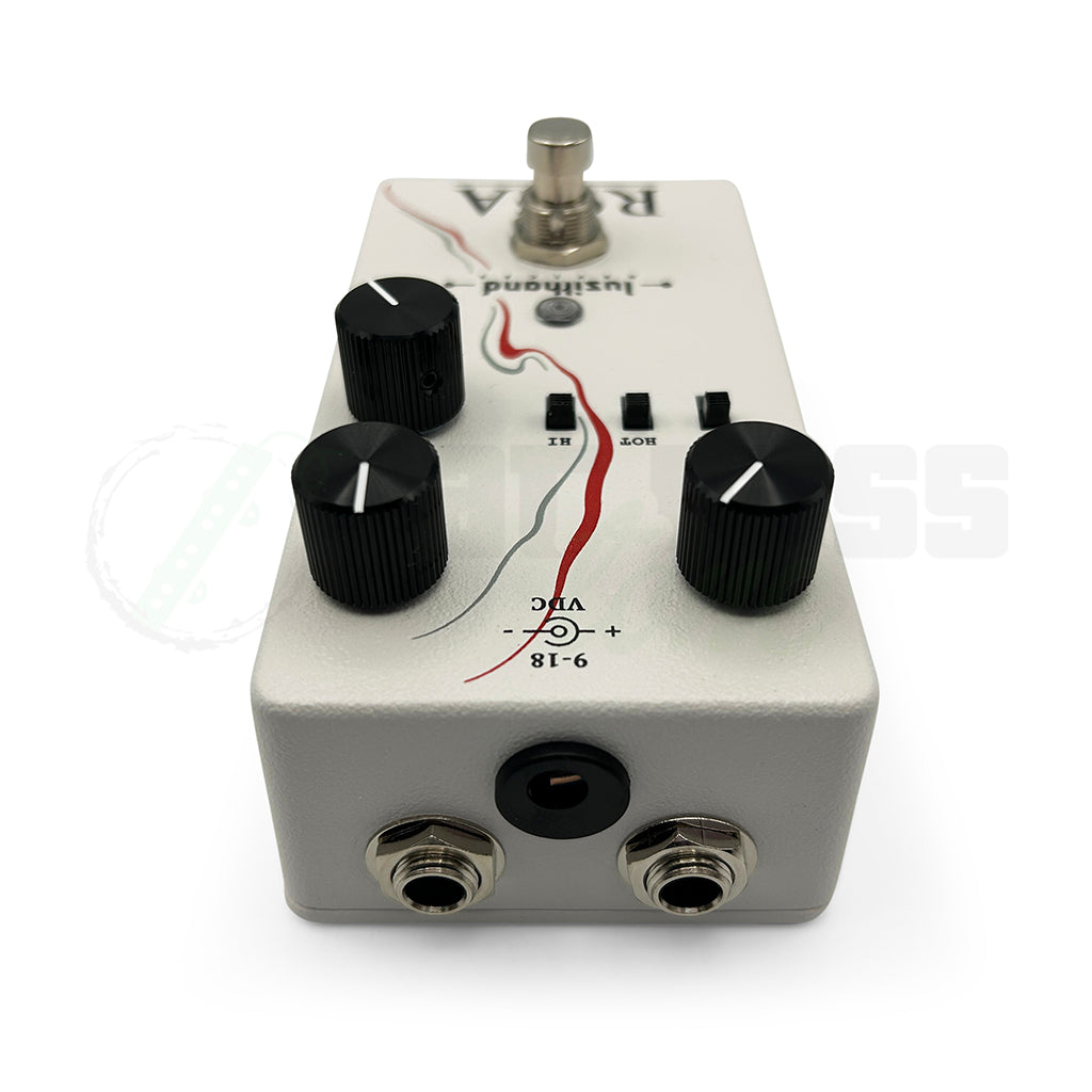 input end view of the Lusithand ROSA Overdrive Bass Pedal showing the input and output jacks as well as the 9-18VCV input