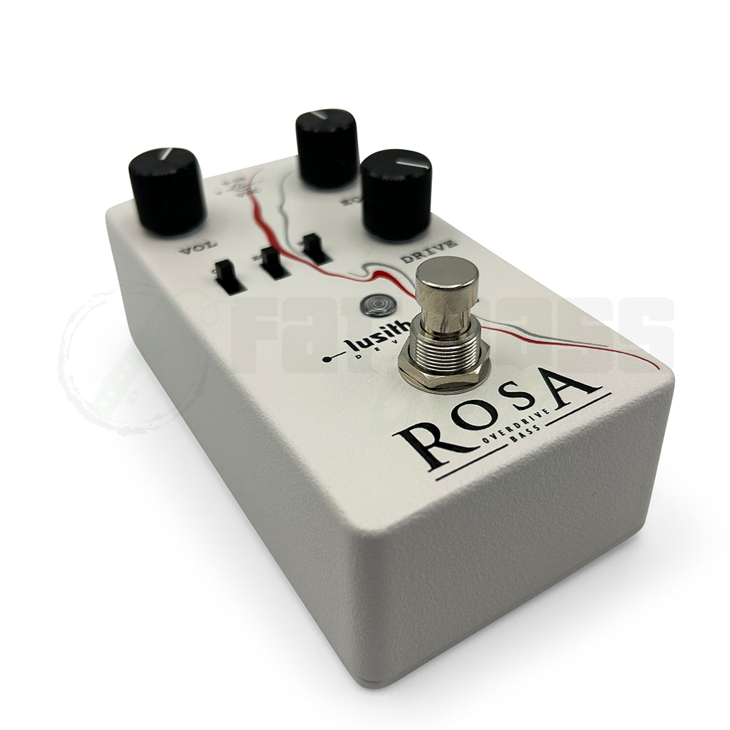 front left angle view of the Lusithand ROSA Overdrive Bass Pedal showing the model name and foot switch