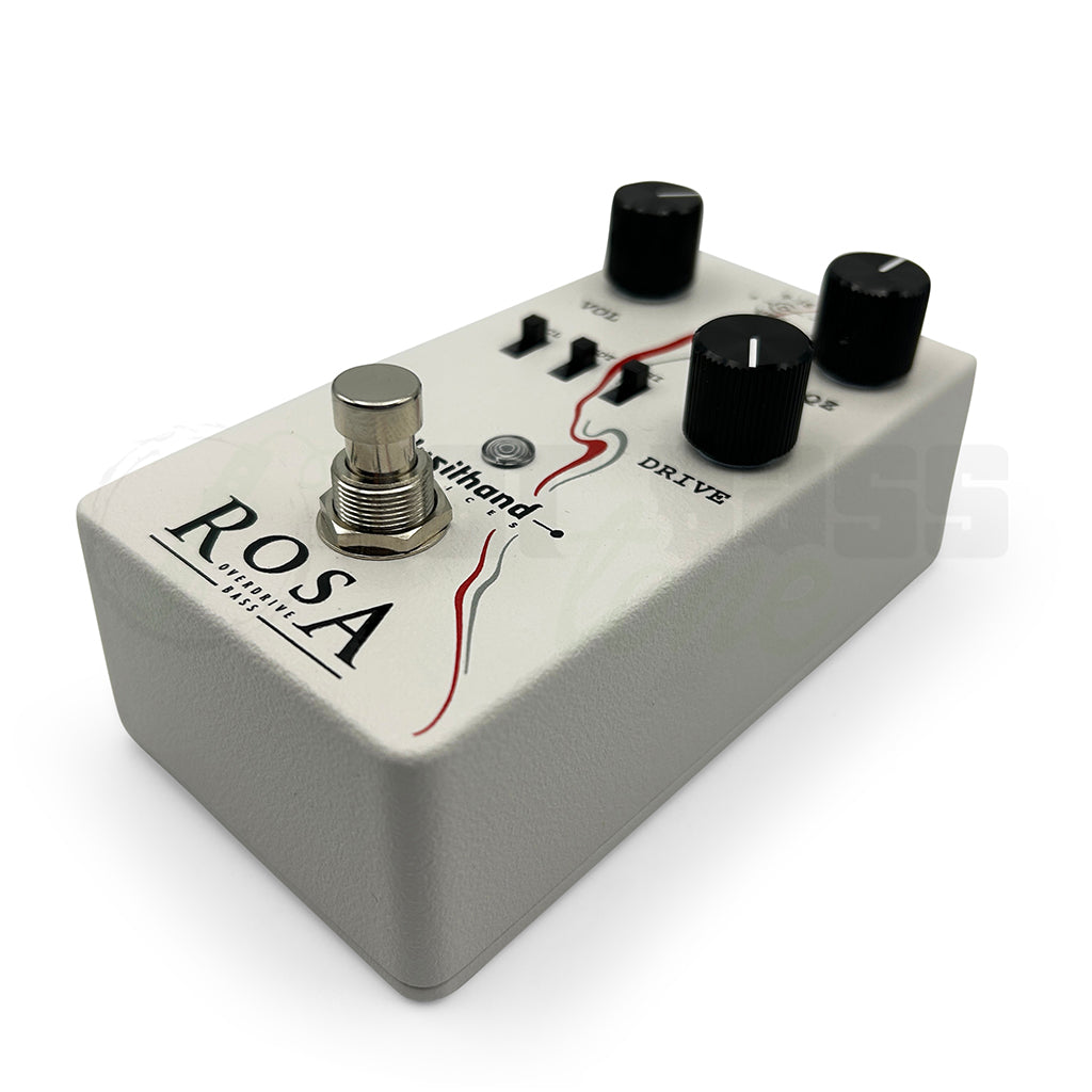 right front angle view of the Lusithand ROSA Overdrive Bass Pedal showing graphics that are a red swirl across the face of the device