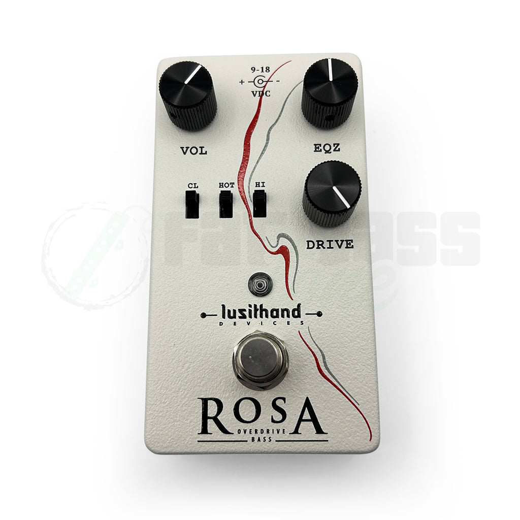 top overhead view of the Lusithand ROSA Overdrive Bass Pedal showing the Vol, EQZ Drive, CL, Hot, and Hi controls