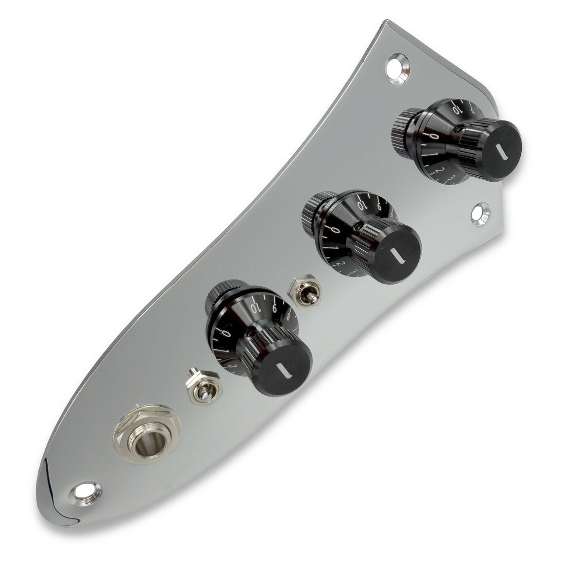 Front view of the Lusithand Single NFP Jazzplate Filter Preamp for Jazz Bass® showing the new UFO style knobs