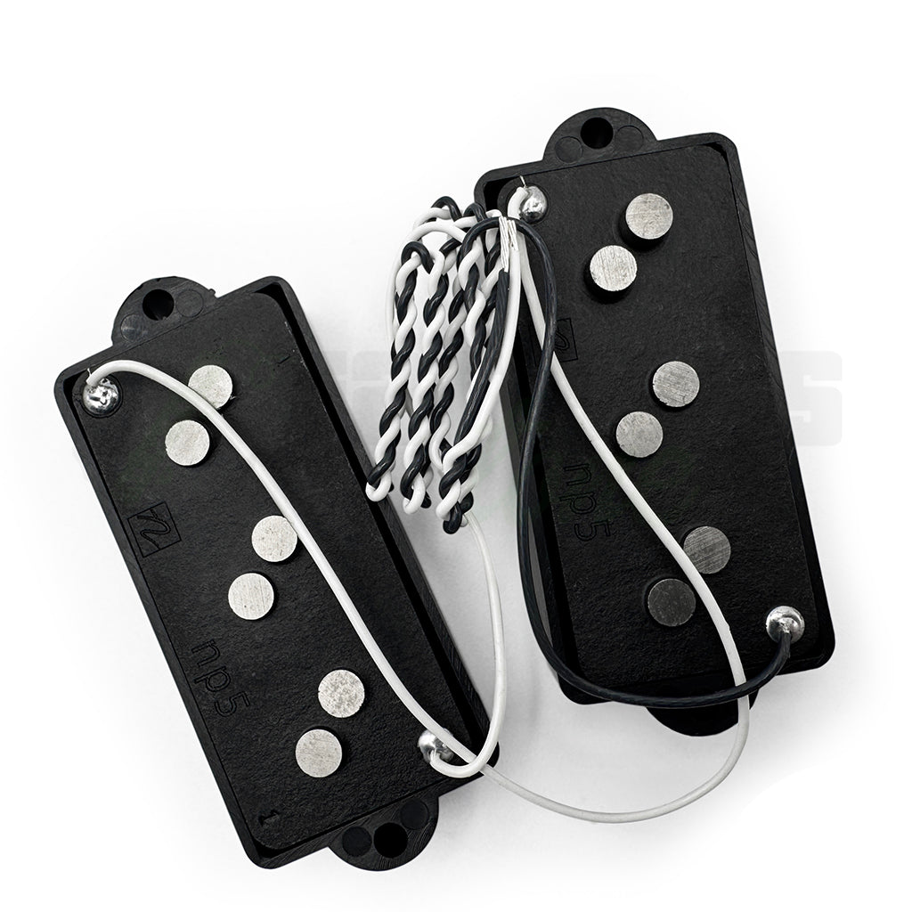 back overhead view of the Nordstrand NP5 5 String Precision Bass® Pickup showing the coil of twisted wire exiting the rear of the pickup