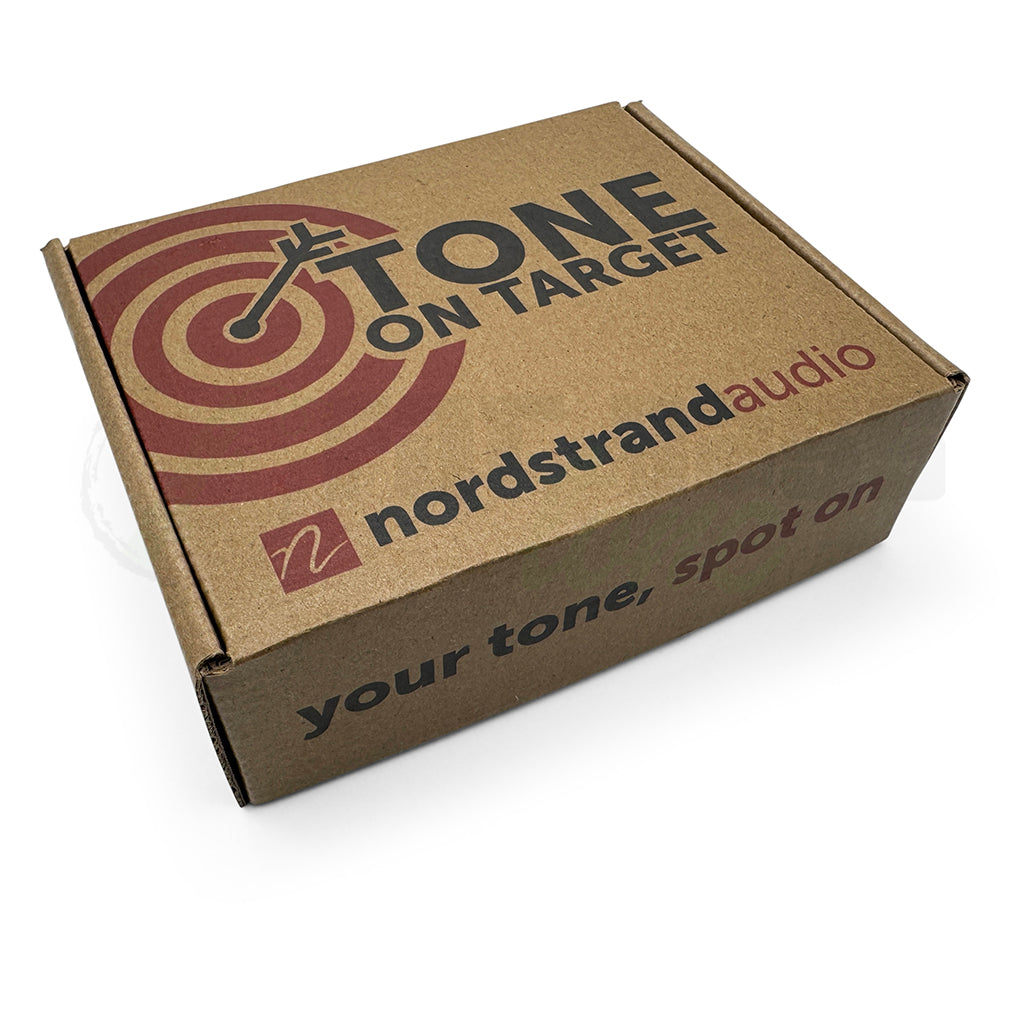 view of the box for the Nordstrand NP5 5 String Precision Bass® Pickup showing Tone on Target text and the brand logo of a small N