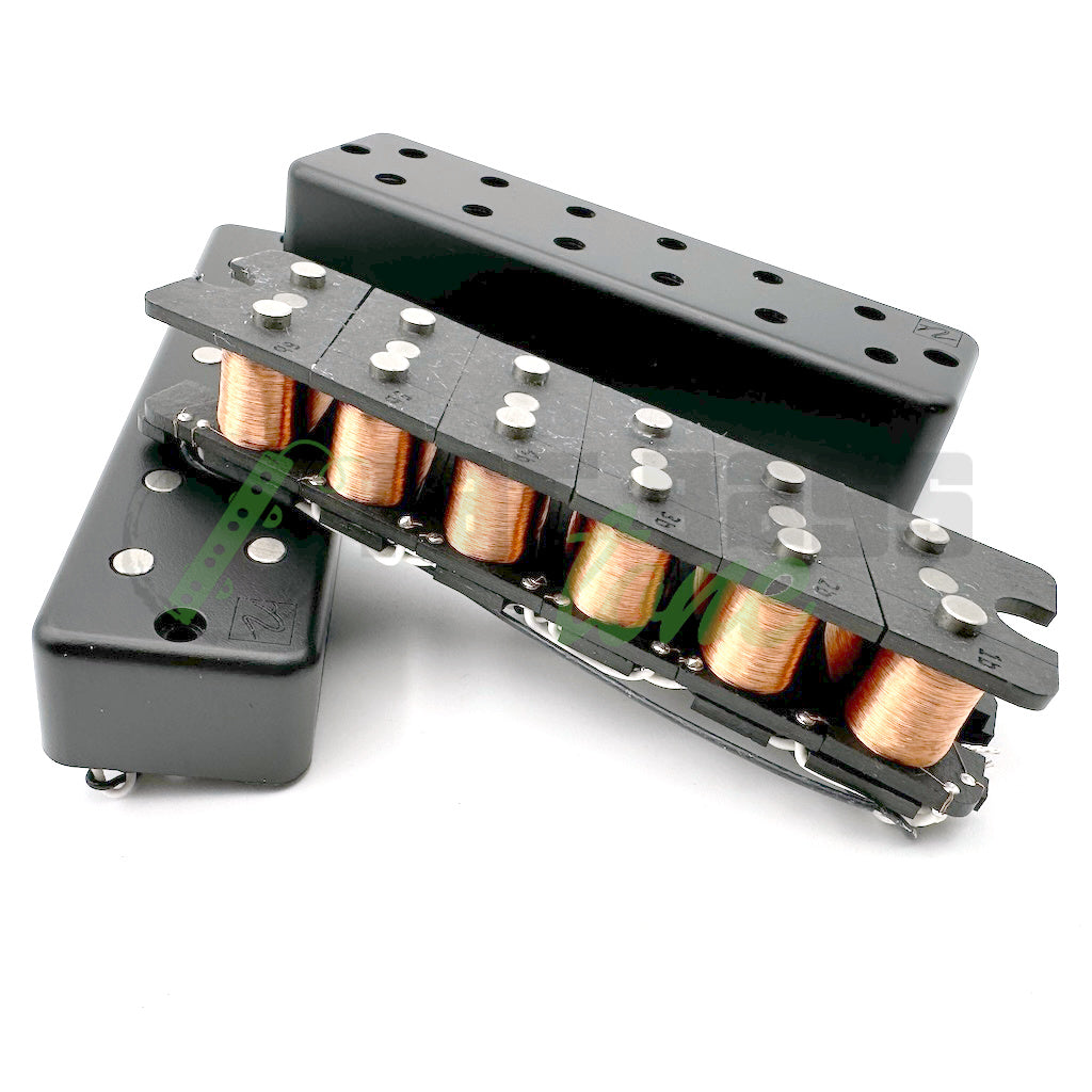 view of the coils in the  Nordstrand Poly Vox 6 String Bass Pickups showing the 6 individual coils wrapped in copper