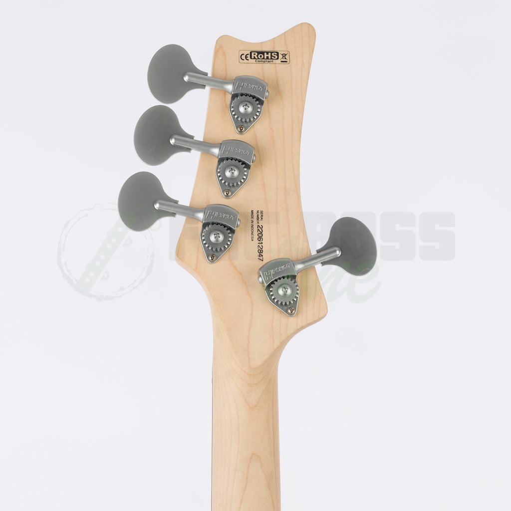 full body froView of the back of the headstock on the Nordstrand Acinonyx Short Scale Cat Bass