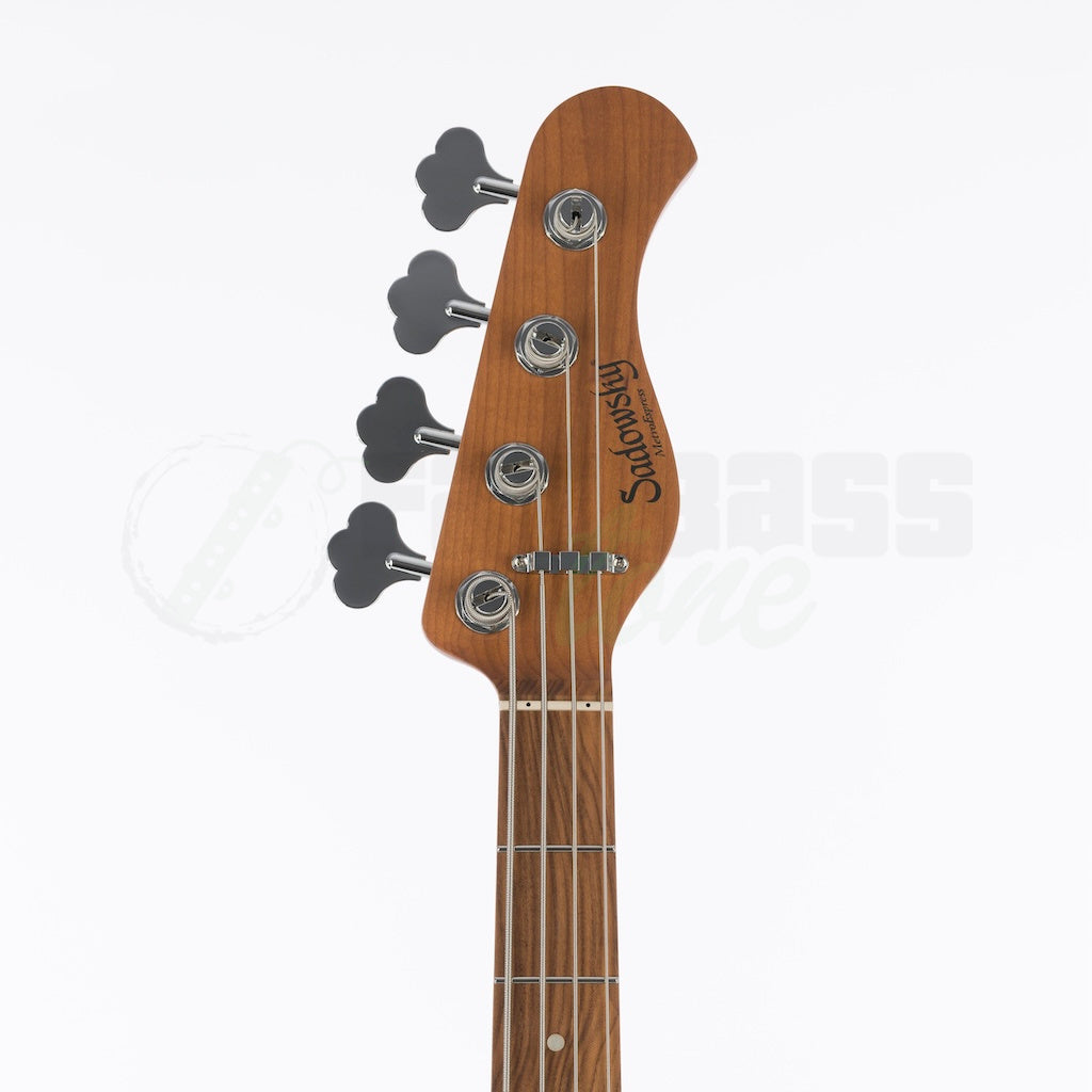 Front headstock view of the Sadowsky MetroExpress 21 Fret 4 String Vintage Jazz Bass® - Ice Blue Metallic / Morado Fingerboard