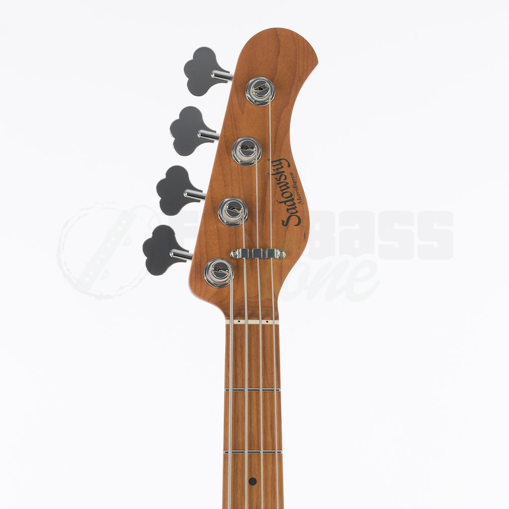 Front headstock view of the Sadowsky MetroExpress 21 Fret 4 String Vintage Jazz Bass® - Olympic White / Maple Fingerboard