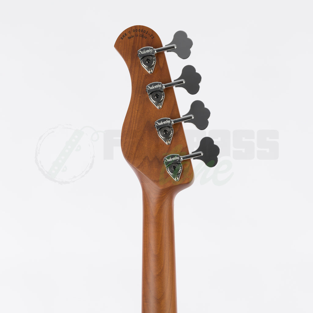 back view of the headstock of the Sadowsky MetroExpress 21 Fret 4 String Hybrid PJ Bass® - Black / Maple Fingerboard