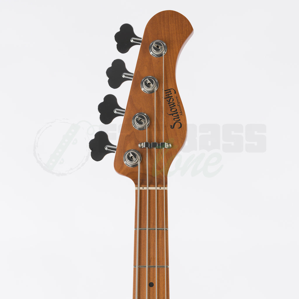 front view of the headstock of the Sadowsky MetroExpress 21 Fret 4 String Hybrid PJ Bass® - Black / Maple Fingerboard