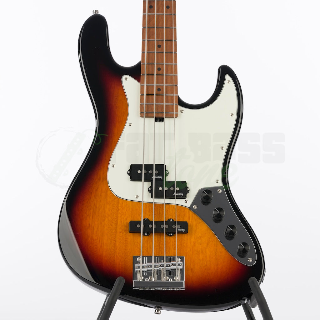 Front body view of the Sadowsky MetroExpress 21 Fret 4 String Hybrid PJ Bass® - Tobacco Sunburst / Maple Fingerboard
