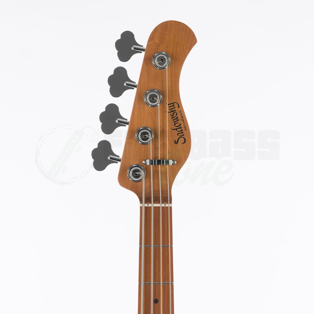 Front headstock view of the Sadowsky MetroExpress 21 Fret 4 String Hybrid PJ Bass® - Tobacco Sunburst / Maple Fingerboard