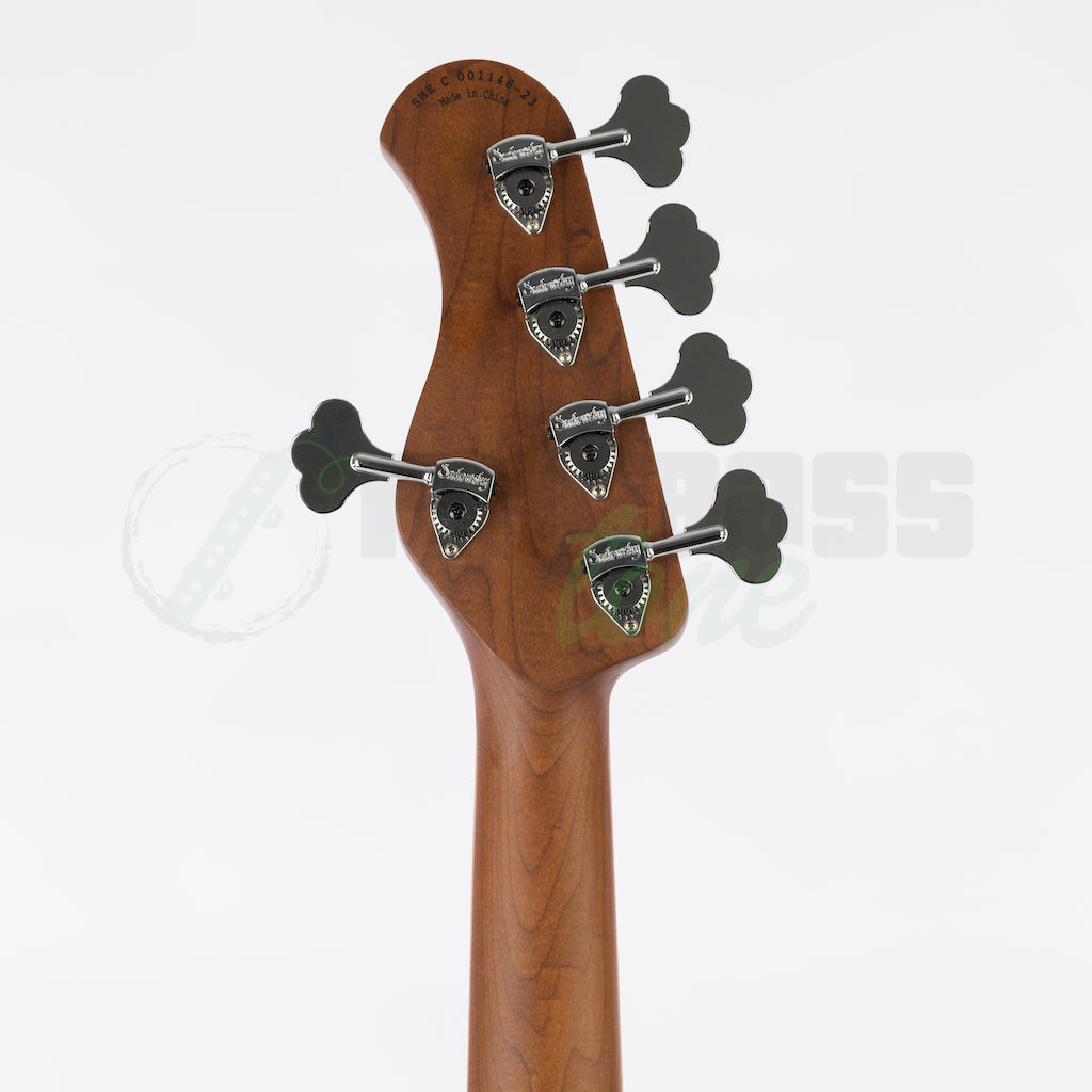 View of the back of the headstock of the Sadowsky MetroExpress 21 Fret 5 String Vintage Jazz Bass® - Tobacco Sunburst / Maple Fingerboard