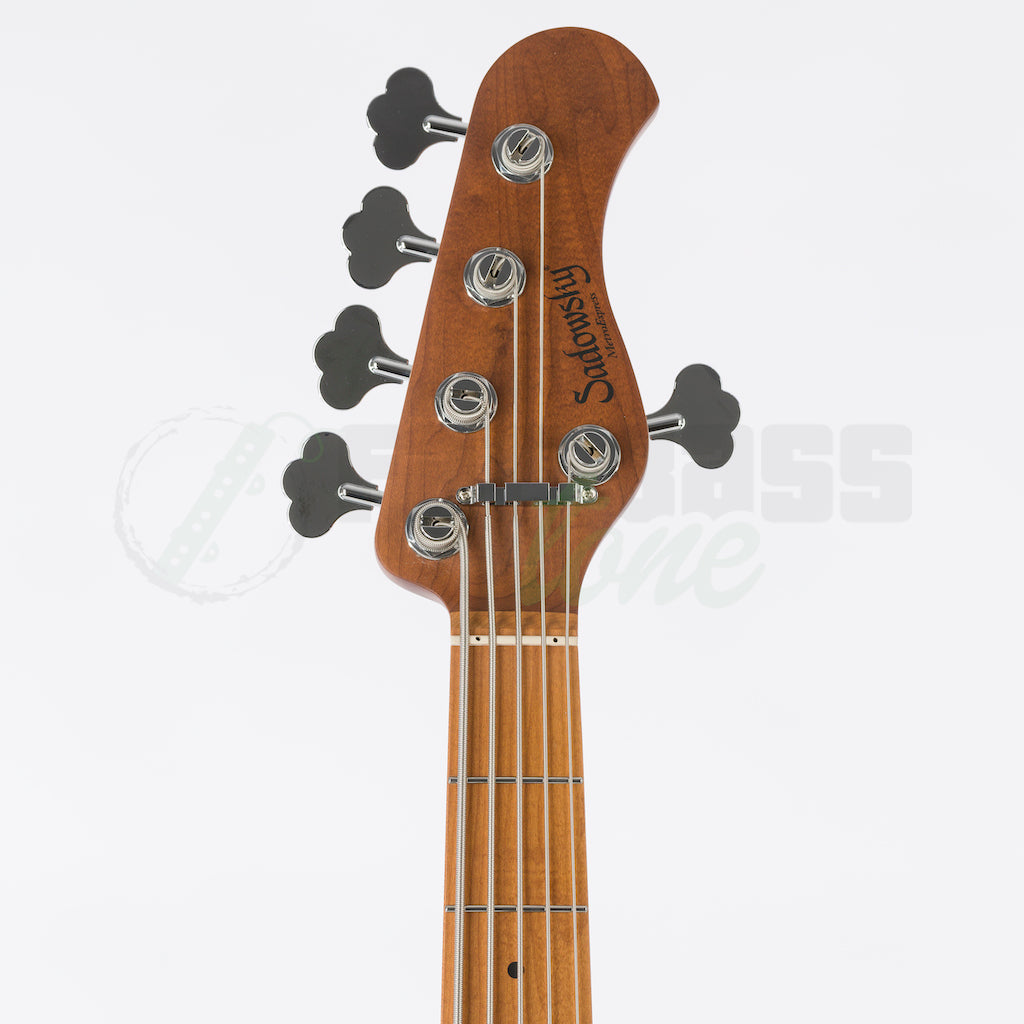 Front view of the headstock of the Sadowsky MetroExpress 21 Fret 5 String Vintage Jazz Bass® - Tobacco Sunburst / Maple Fingerboard