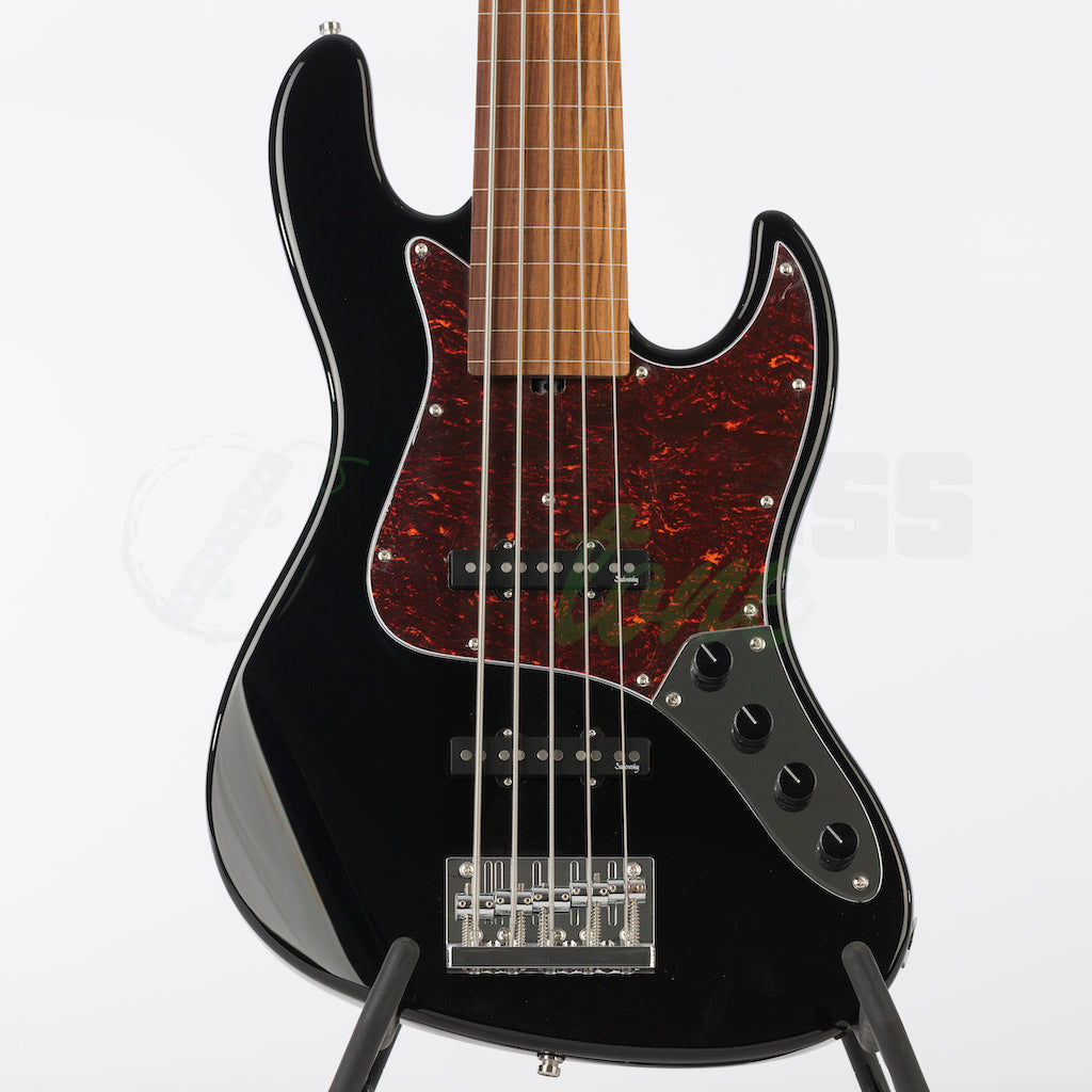 front body view of the Sadowsky MetroExpress 21 Fret Fretless 5 String Vintage Jazz Bass® - Black / Morado Fingerboard