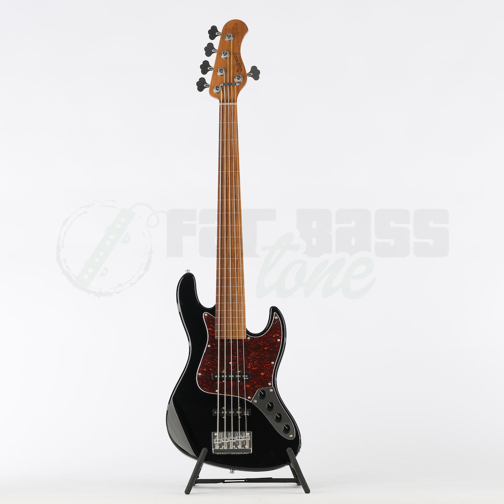 Full front view of the Sadowsky MetroExpress 21 Fret Fretless 5 String Vintage Jazz Bass® - Black / Morado Fingerboard