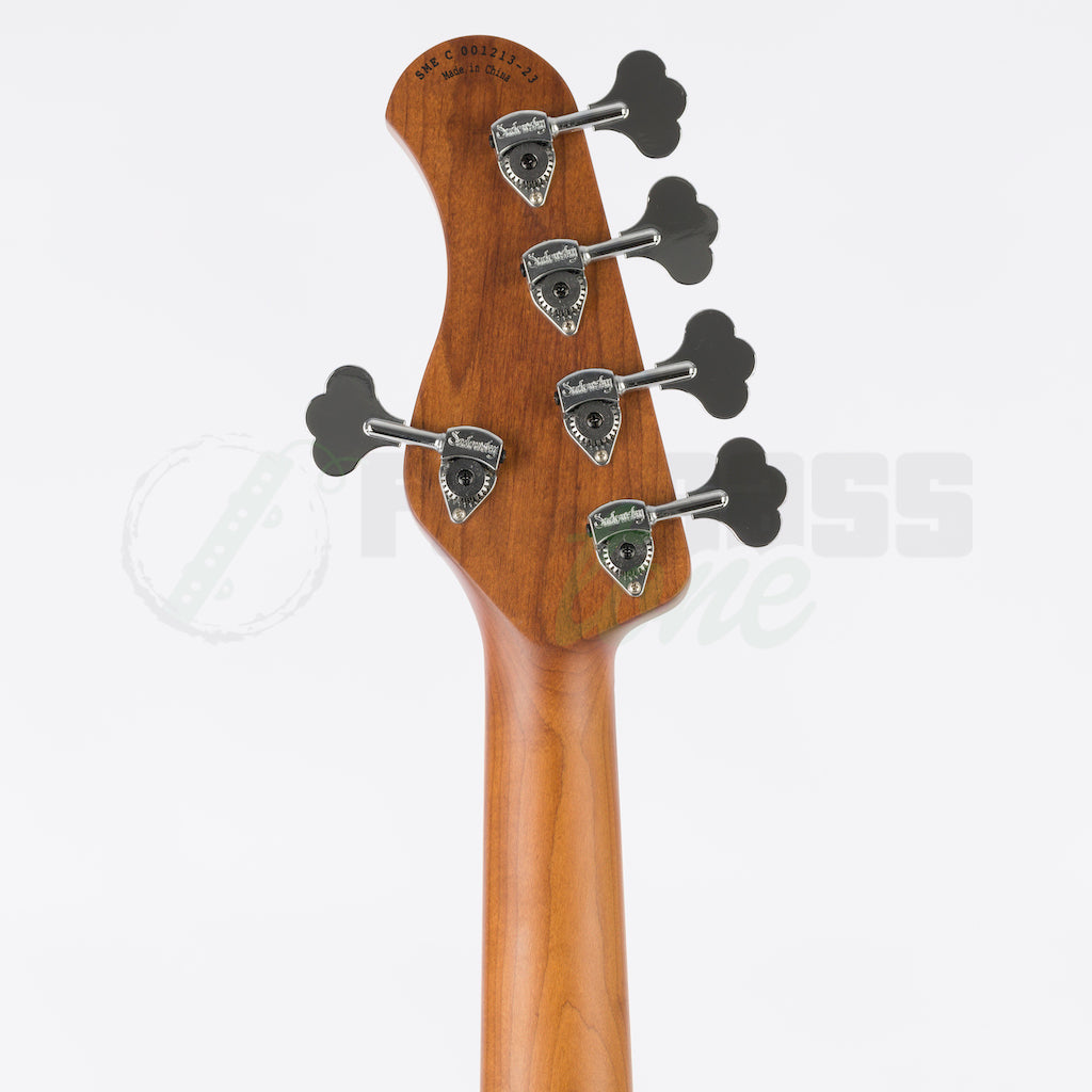 View of the back of the headstock of the Sadowsky MetroExpress 21 Fret Fretless 5 String Vintage Jazz Bass® - Black / Morado Fingerboard