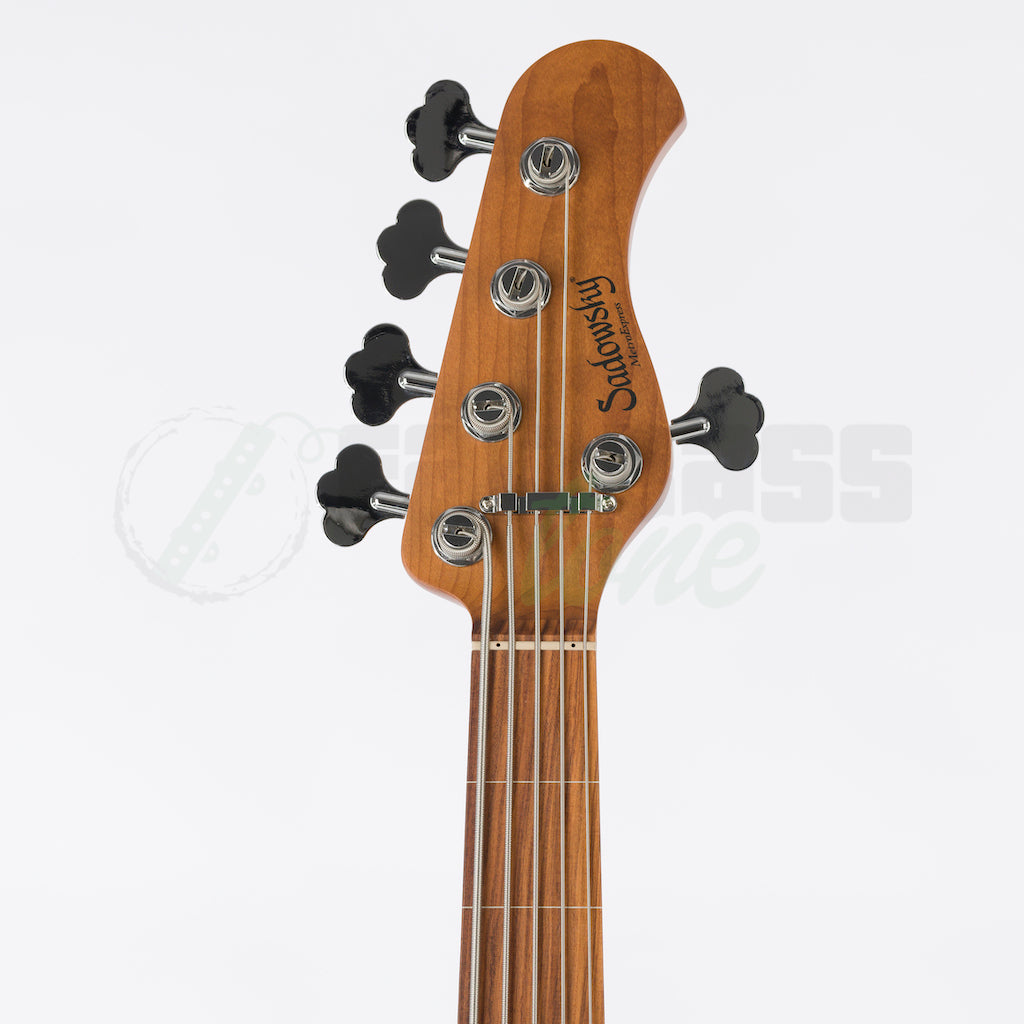 View of the front of the headstock of the Sadowsky MetroExpress 21 Fret Fretless 5 String Vintage Jazz Bass® - Black / Morado Fingerboard