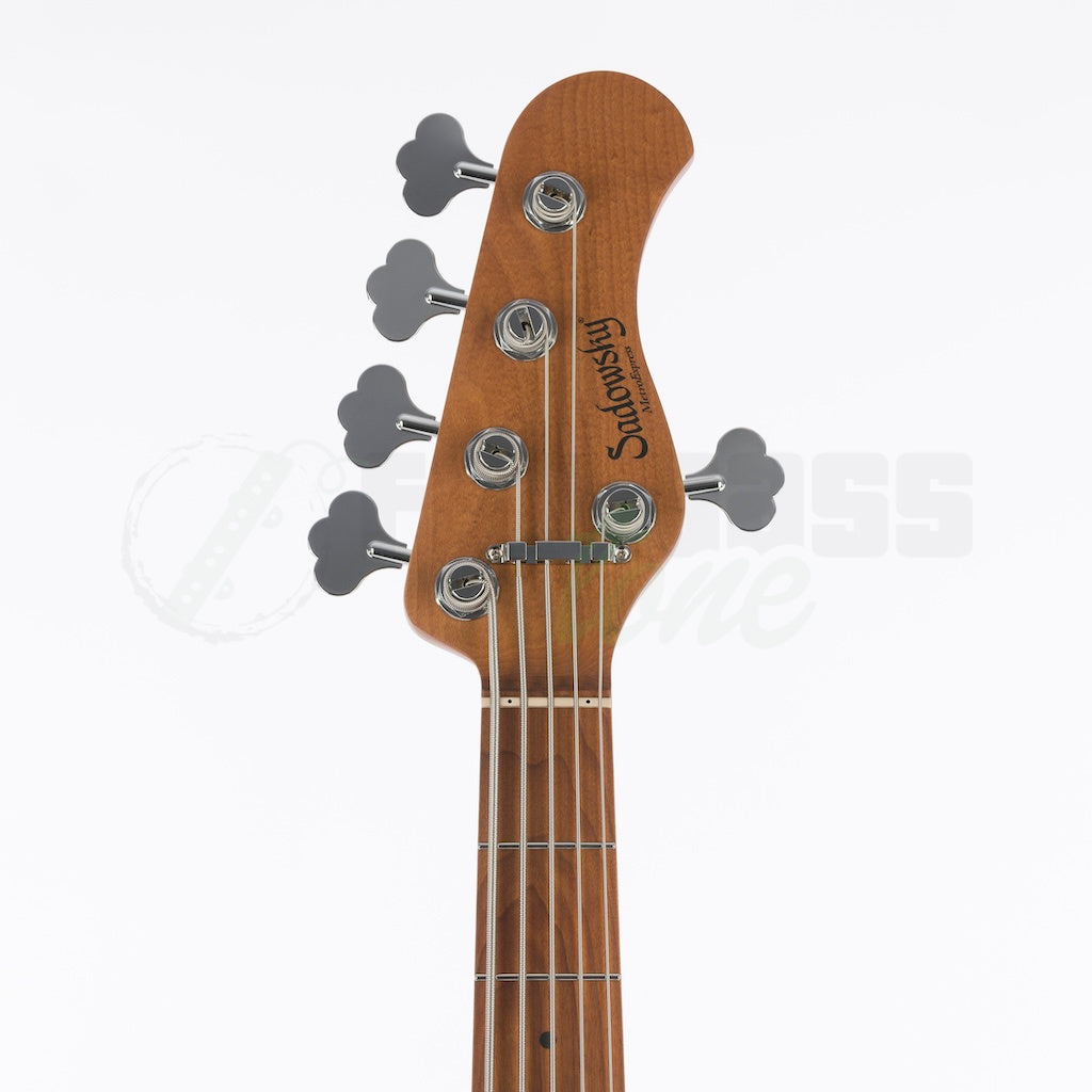 Front headstock view of the Sadowsky MetroExpress 21 Fret 5 String Vintage Jazz Bass® - Candy Apple Red Metallic / Maple Fingerboard