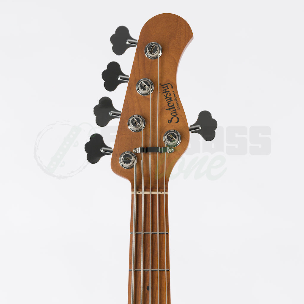 Front of the headstock of the Sadowsky MetroExpress 21 Fret 5 String Hybrid PJ Bass® - Black / Maple Fingerboard