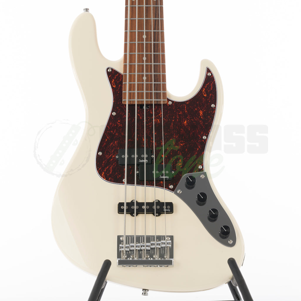 Front body view of the Sadowsky MetroExpress 21 Fret 5 String Hybrid PJ Bass® - Olympic White / Morado Fingerboard