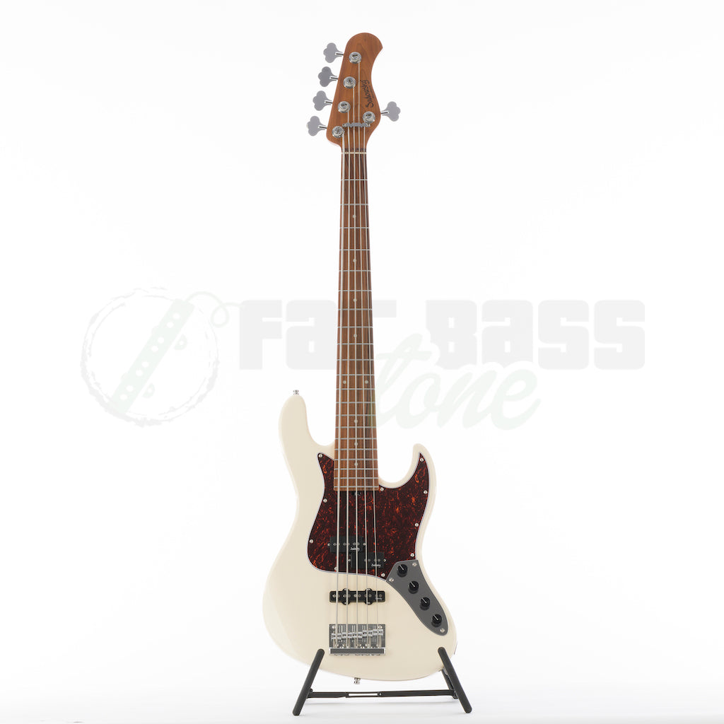 Full front view of the Sadowsky MetroExpress 21 Fret 5 String Hybrid PJ Bass® - Olympic White / Morado Fingerboard