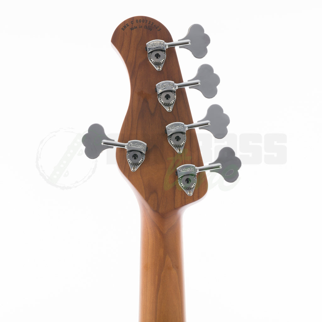 Back of headstock view of the Sadowsky MetroExpress 21 Fret 5 String Hybrid PJ Bass® - Olympic White / Morado Fingerboard