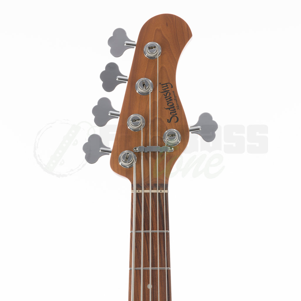 Front of the headstock view of the Sadowsky MetroExpress 21 Fret 5 String Hybrid PJ Bass® - Olympic White / Morado Fingerboard